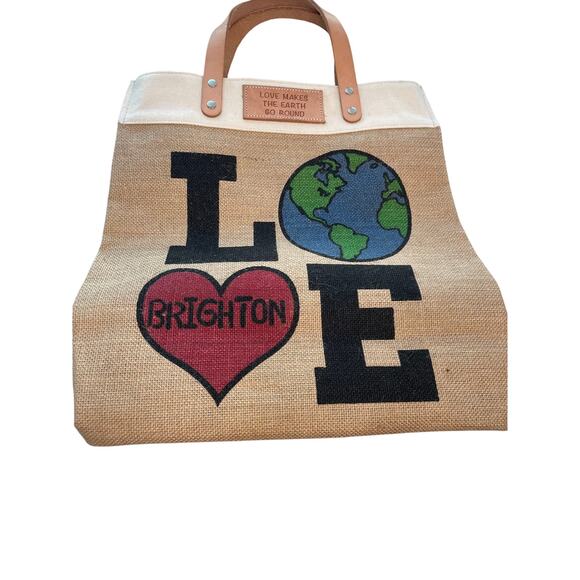 Brighton Canvas Tote – Love Makes the World Go Round – Tan Globe Heart EUC - Picture 1 of 5